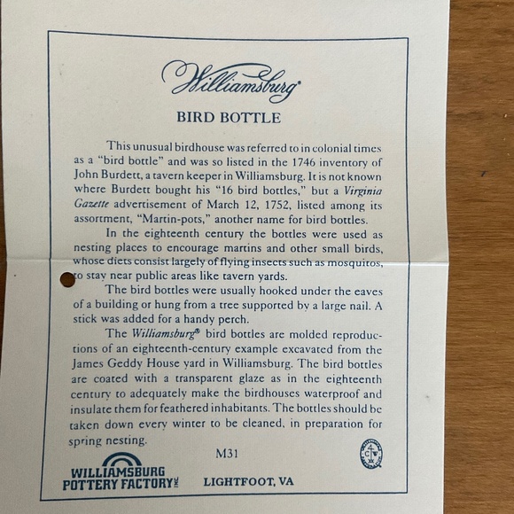 Williamsburg Bird Bottle, NEW - Picture 3 of 7